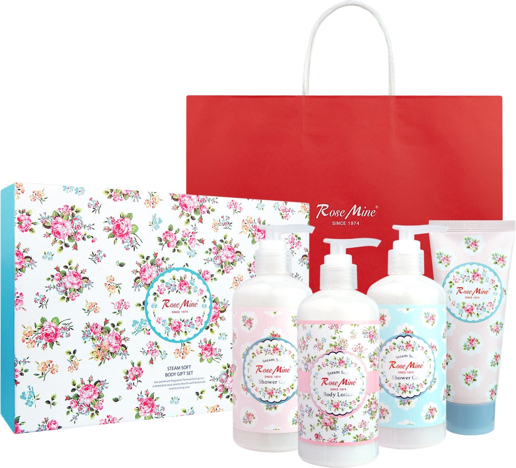 [Rosemine] Набор для ухода за телом АРОМАТ ЦВЕТУЩЕЙ РОЗЫ RoseMine Steam Soft Body Gift Set!, 300 мл/300мл/300мл/100мл